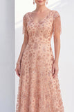 Vestido de la madre de la novia con flecos en línea A y escote en V de rosa polvoriento