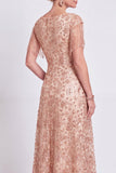 Vestido de la madre de la novia con flecos en línea A y escote en V de rosa polvoriento