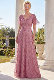 Vestido de la madre de la novia con flecos en línea A y escote en V de rosa polvoriento