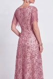 Vestido de la madre de la novia con flecos en línea A y escote en V de rosa polvoriento