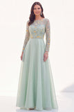 Vestido de madre de la novia verde gasa con escote bateau y flores de manga larga