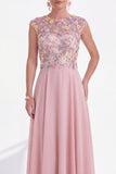 Vestido largo de madre de la novia verde floral de cuello redondo con aplicación y mangas gordas