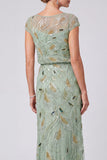 Vestido largo de madre de la novia con cuello redondo de sirenas florales verdes y mangas cortas