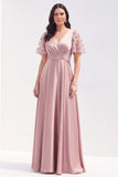 Vestido largo de mamá de la novia, de satén gris rosa con escote en V y línea en A, con manga corta