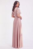 Vestido largo de mamá de la novia, de satén gris rosa con escote en V y línea en A, con manga corta