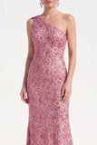 Vestido de Madre de la Novia con flores de un solo hombro y lentejuelas de champán sirena
