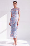 Vestido de madre de la novia azul con escote redondo y cuello redondo, con abertura