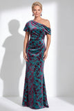 Vestido largo de madre de la novia de terciopelo fucsia fucsia de sirena, floral de un solo hombro