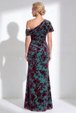 Vestido largo de madre de la novia de terciopelo fucsia fucsia de sirena, floral de un solo hombro