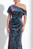 Vestido largo de madre de la novia de terciopelo fucsia fucsia de sirena, floral de un solo hombro