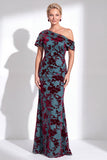 Vestido largo de madre de la novia de terciopelo fucsia fucsia de sirena, floral de un solo hombro