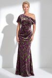Vestido largo de madre de la novia de terciopelo fucsia fucsia de sirena, floral de un solo hombro