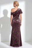 Vestido largo de madre de la novia de terciopelo fucsia fucsia de sirena, floral de un solo hombro