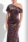 Vestido largo de madre de la novia de terciopelo fucsia fucsia de sirena, floral de un solo hombro