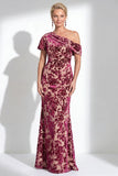 Vestido largo de madre de la novia de terciopelo fucsia fucsia de sirena, floral de un solo hombro
