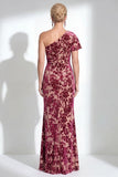 Vestido largo de madre de la novia de terciopelo fucsia fucsia de sirena, floral de un solo hombro