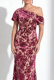 Vestido largo de madre de la novia de terciopelo fucsia fucsia de sirena, floral de un solo hombro