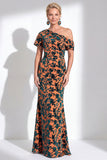 Vestido largo de madre de la novia de terciopelo fucsia fucsia de sirena, floral de un solo hombro