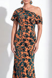 Vestido largo de madre de la novia de terciopelo fucsia fucsia de sirena, floral de un solo hombro