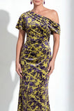 Vestido largo de madre de la novia de terciopelo fucsia fucsia de sirena, floral de un solo hombro