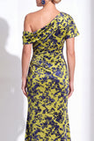 Vestido largo de madre de la novia de terciopelo fucsia fucsia de sirena, floral de un solo hombro