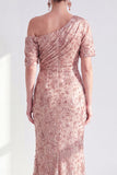Vestido de Madre de la Novia con Champán de Sirena de un Hombro Floral y Frunched Mother Of the Bride con lentejuelas