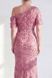 Vestido de Madre de la Novia con Champán de Sirena de un Hombro Floral y Frunched Mother Of the Bride con lentejuelas