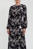 Vestido de madre de la novia midi midi floral de terciopelo fucsia con cuello redondo y manga larga