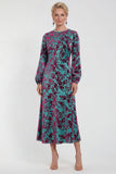 Vestido de madre de la novia midi midi floral de terciopelo fucsia con cuello redondo y manga larga