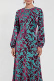 Vestido de madre de la novia midi midi floral de terciopelo fucsia con cuello redondo y manga larga