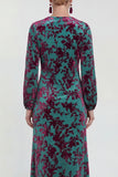 Vestido de madre de la novia midi midi floral de terciopelo fucsia con cuello redondo y manga larga