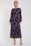 Vestido de madre de la novia midi midi floral de terciopelo fucsia con cuello redondo y manga larga