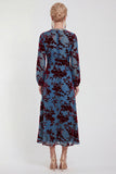 Vestido de madre de la novia midi midi floral de terciopelo fucsia con cuello redondo y manga larga