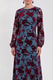 Vestido de madre de la novia midi midi floral de terciopelo fucsia con cuello redondo y manga larga