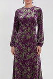 Vestido de madre de la novia midi midi floral de terciopelo fucsia con cuello redondo y manga larga