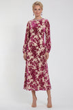 Vestido de madre de la novia midi midi floral de terciopelo fucsia con cuello redondo y manga larga