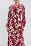 Vestido de madre de la novia midi midi floral de terciopelo fucsia con cuello redondo y manga larga