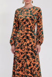 Vestido de madre de la novia midi midi floral de terciopelo fucsia con cuello redondo y manga larga