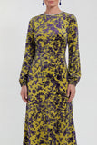 Vestido de madre de la novia midi midi floral de terciopelo fucsia con cuello redondo y manga larga