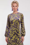 Vestido de madre de la novia midi midi floral de terciopelo fucsia con cuello redondo y manga larga