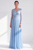 Vestido largo de madre de la novia de manga larga de manga larga en línea morado oscuro y cuello en V