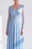 Vestido largo de madre de la novia de manga larga de manga larga en línea morado oscuro y cuello en V