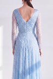 Vestido largo de madre de la novia de manga larga de manga larga en línea morado oscuro y cuello en V