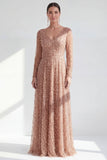 Vestido largo de madre de la novia de manga larga de manga larga en línea morado oscuro y cuello en V