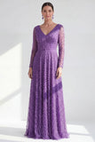 Vestido largo de madre de la novia de manga larga de manga larga en línea morado oscuro y cuello en V