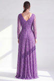 Vestido largo de madre de la novia de manga larga de manga larga en línea morado oscuro y cuello en V