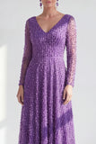 Vestido largo de madre de la novia de manga larga de manga larga en línea morado oscuro y cuello en V
