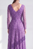 Vestido largo de madre de la novia de manga larga de manga larga en línea morado oscuro y cuello en V