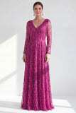 Vestido largo de madre de la novia de manga larga de manga larga en línea morado oscuro y cuello en V