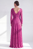 Vestido largo de madre de la novia de manga larga de manga larga en línea morado oscuro y cuello en V